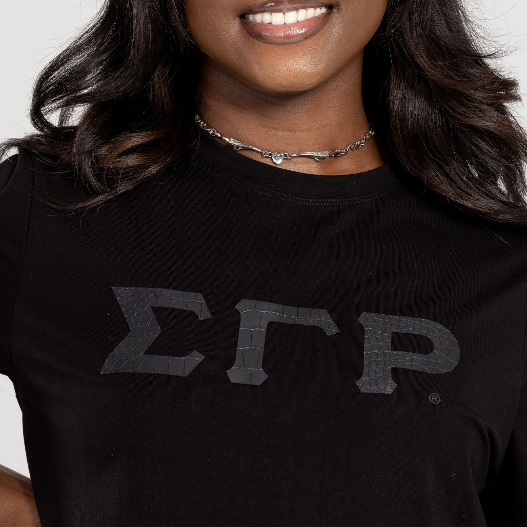 SGRHO Black on Black with Snake Skin Leather Letters Shirt