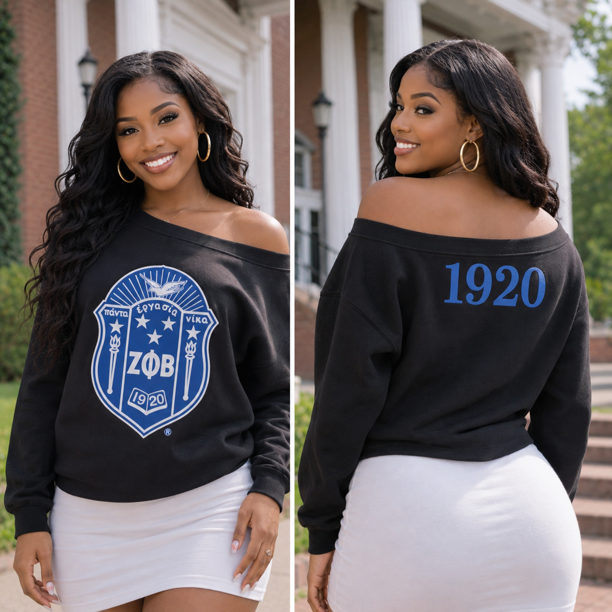 Black ZPHIB Off-Shoulder Embroidered Crest Sweatshirt
