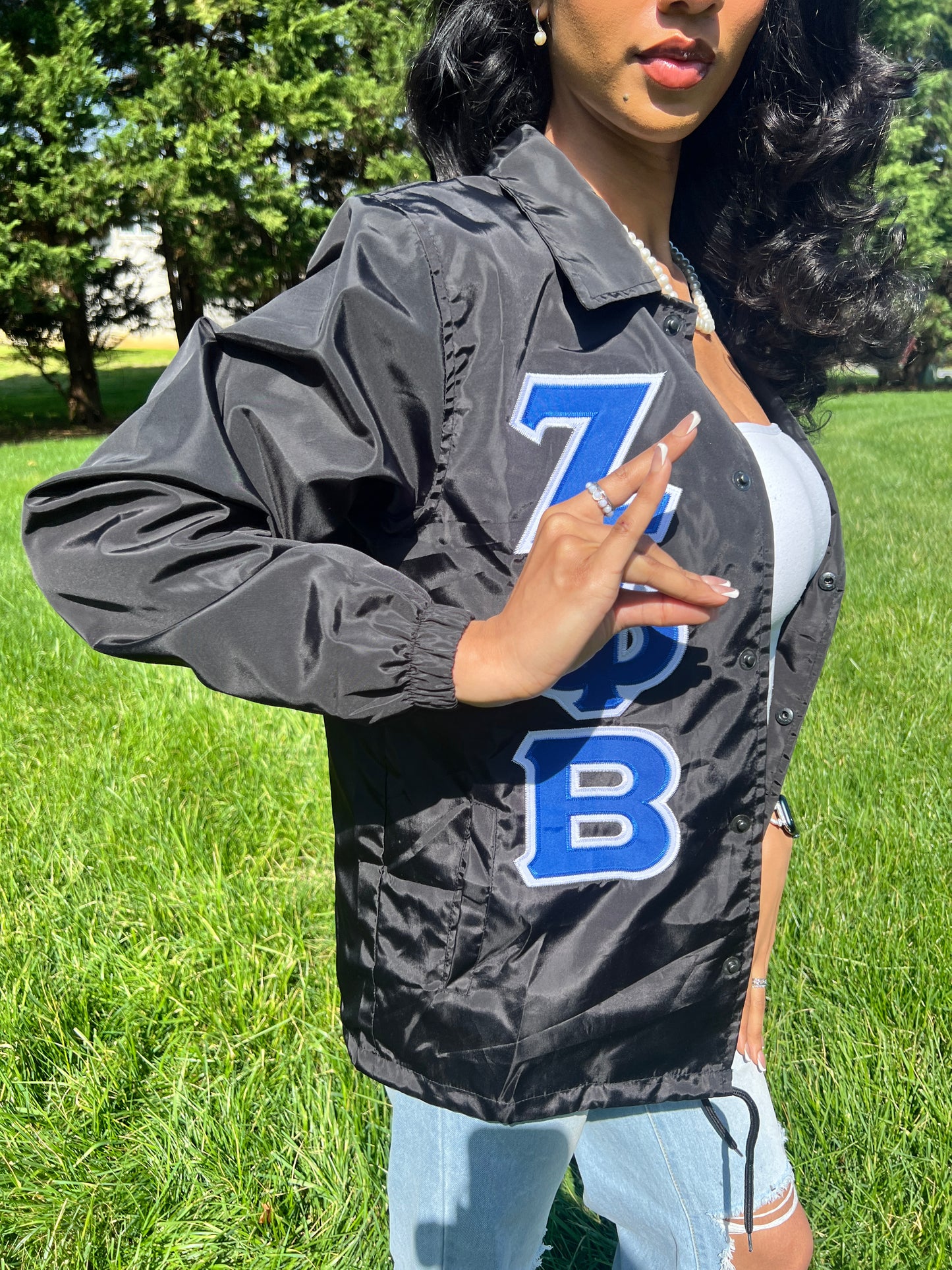 Zeta Phi Beta Greek Letter Ladies' Cut Greek Letter Jacket (Black/ Blue)