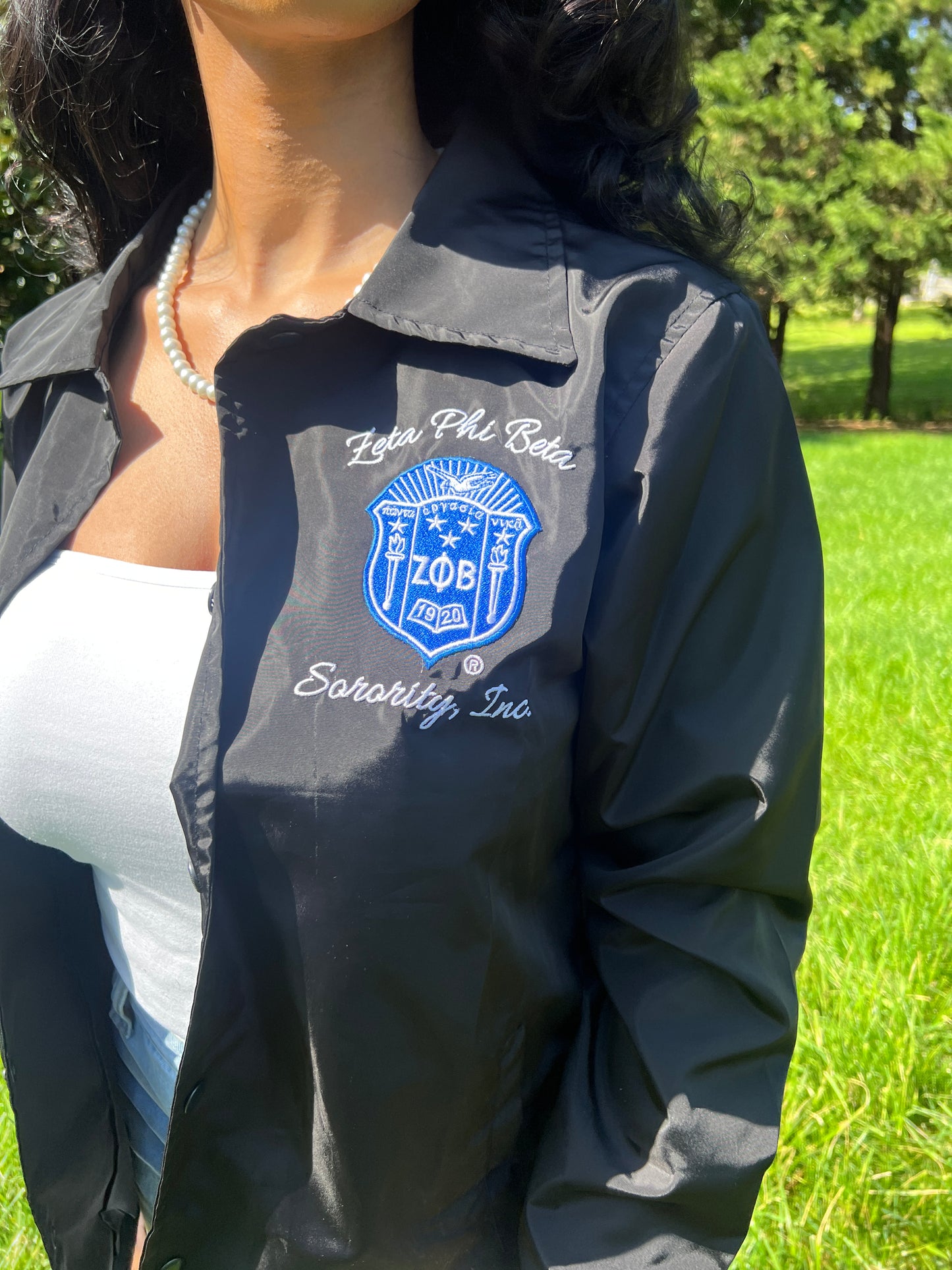 Zeta Phi Beta Greek Letter Ladies' Cut Greek Letter Jacket (Black/ Blue)