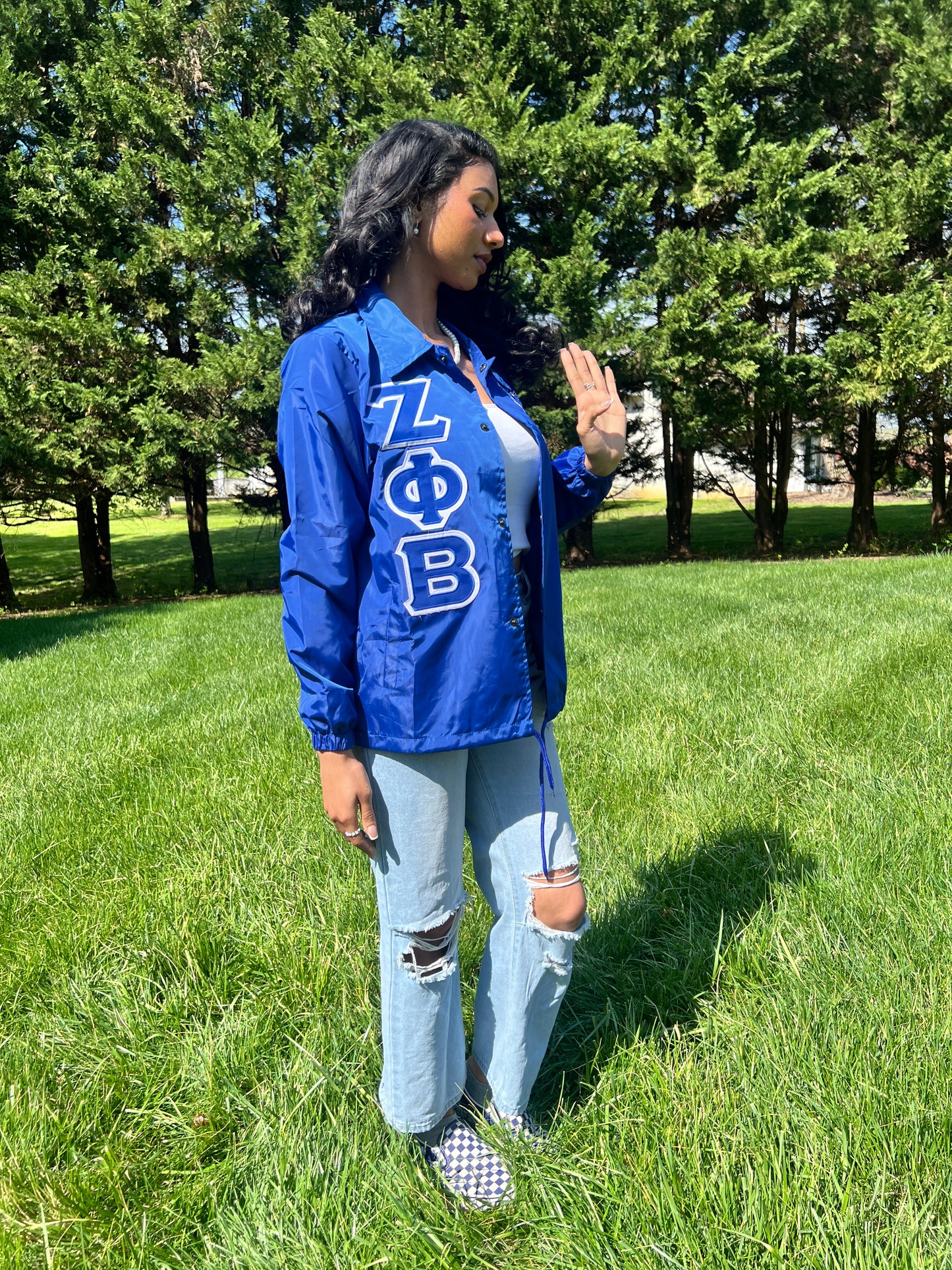 Zeta Phi Beta Greek Letter Ladies' Cut Greek Letter Jacket (Black/ Blue)