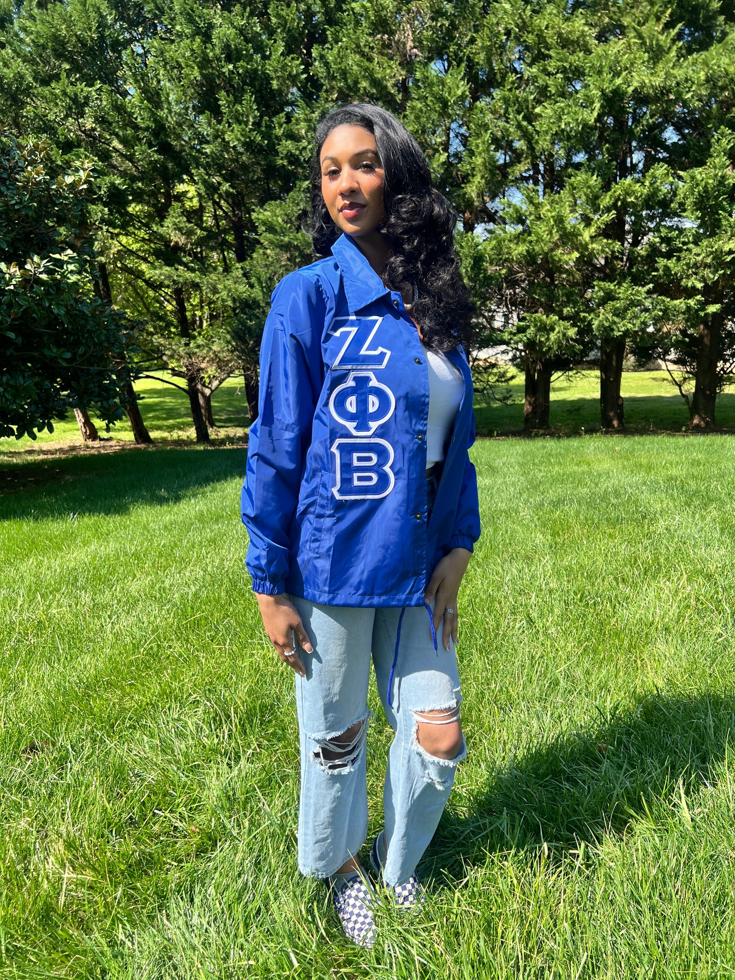Zeta Phi Beta Greek Letter Ladies' Cut Greek Letter Jacket (Black/ Blue)