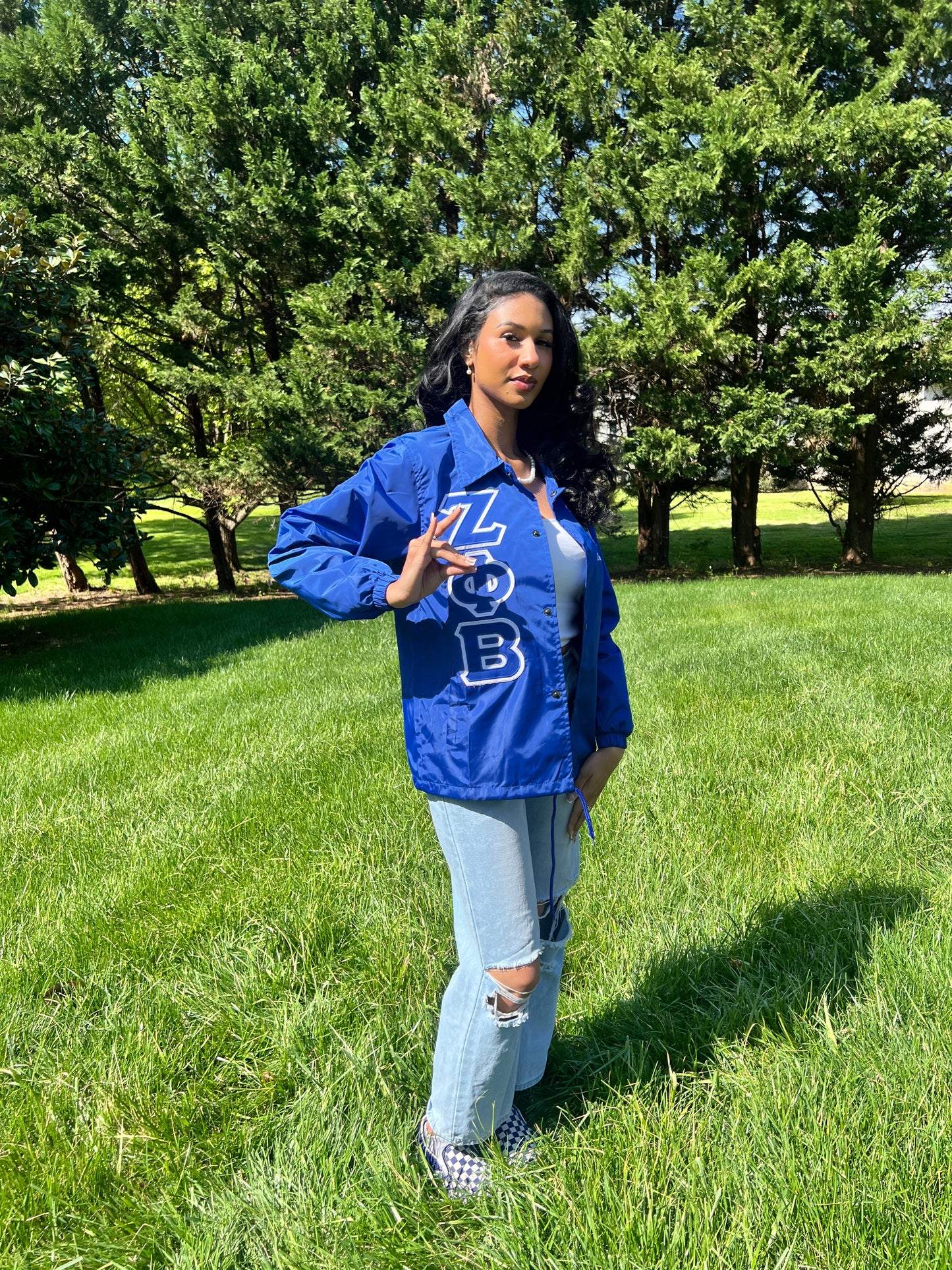 Zeta Phi Beta Greek Letter Ladies' Cut Greek Letter Jacket (Black/ Blue)