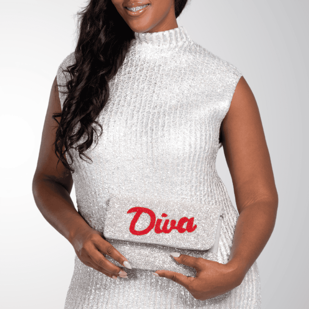 “Diva” Beaded Silver Clutch