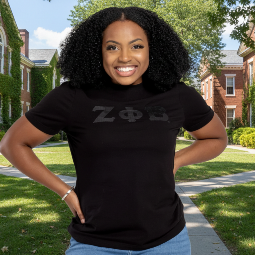 Zeta Phi Beta Black on Black with Snake Skin Leather Letters Shirt