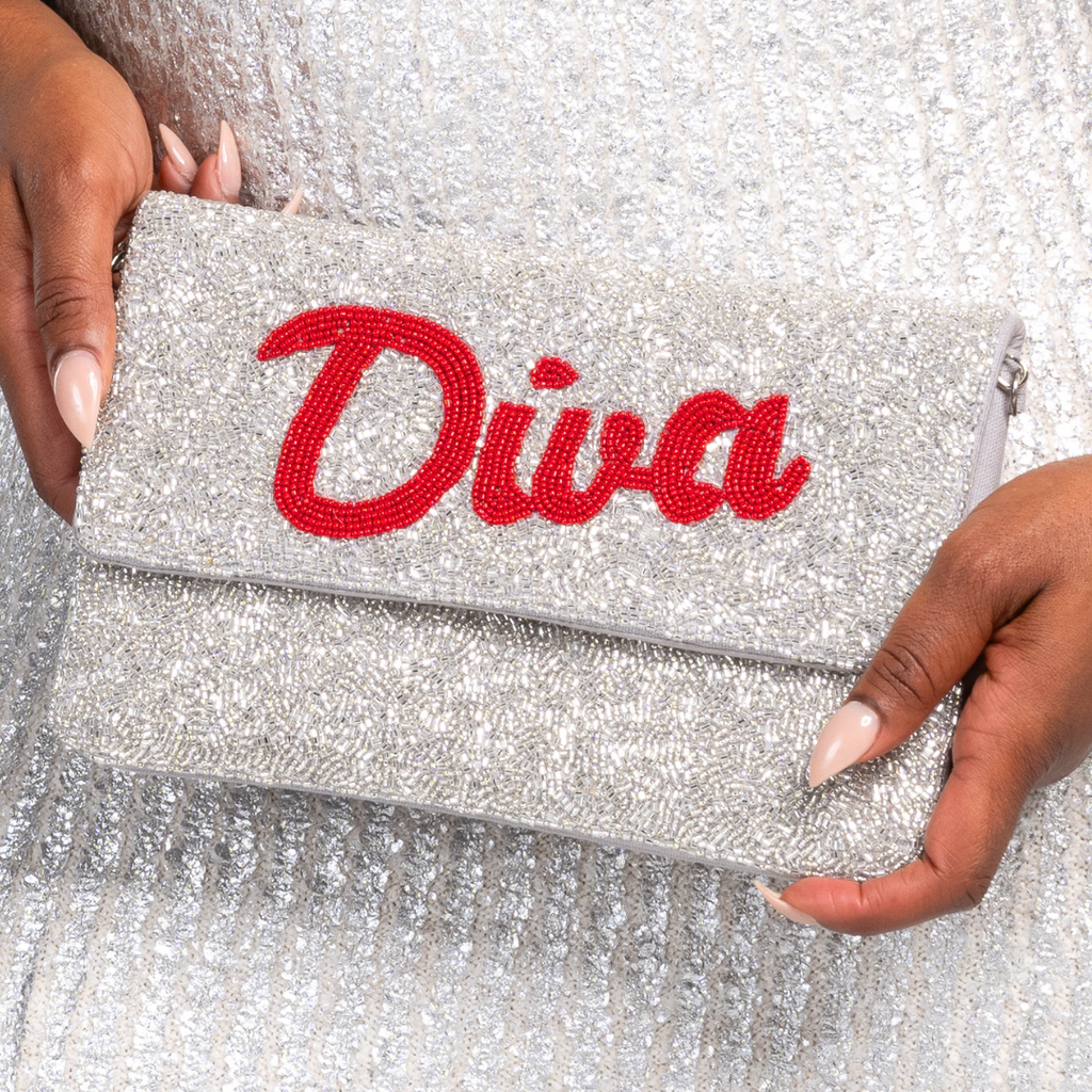 “Diva” Beaded Silver Clutch