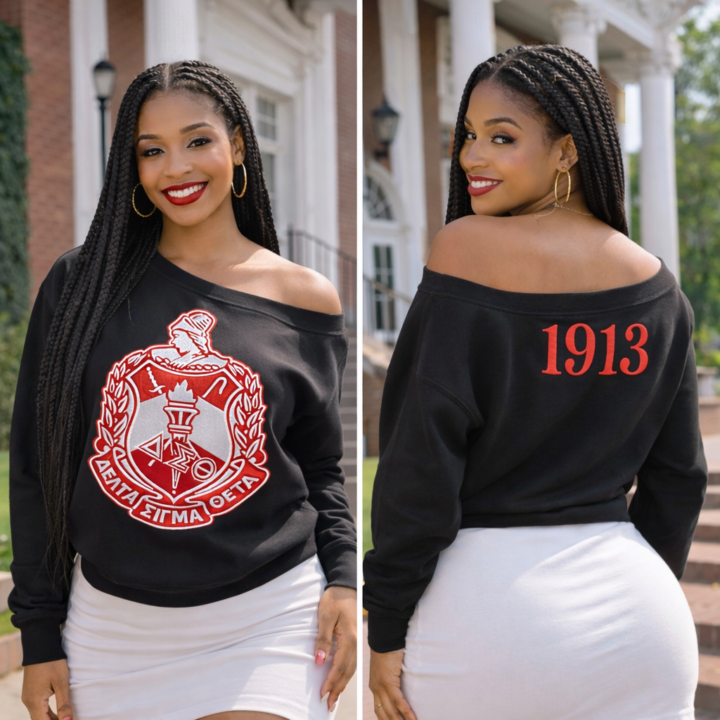 Black DST Off-Shoulder Embroidered Crest Sweatshirt (Pre-Order)